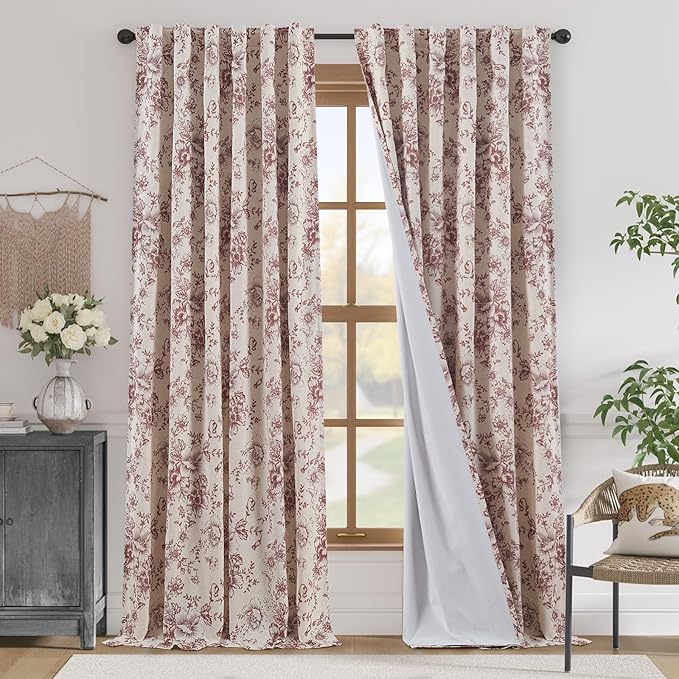 jinchan Blackout Floral Curtains for Living Room Bedroom Linen Blend Curtain Farmhouse Brick Red Printed with Lined Back Tab Rod Pocket Drapes Window Treatments 2 Panels 96 Inch