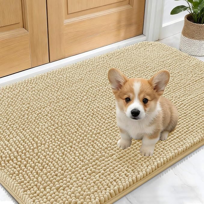 OLANLY Dog Door Mat for Muddy Paws 24x16, Absorbs Moisture and Dirt, Absorbent Non-Slip Washable Doormat, Quick Dry Chenille Mud Mat for Dogs, Entry Indoor Entryway Carpet for Inside Floor, Sand
