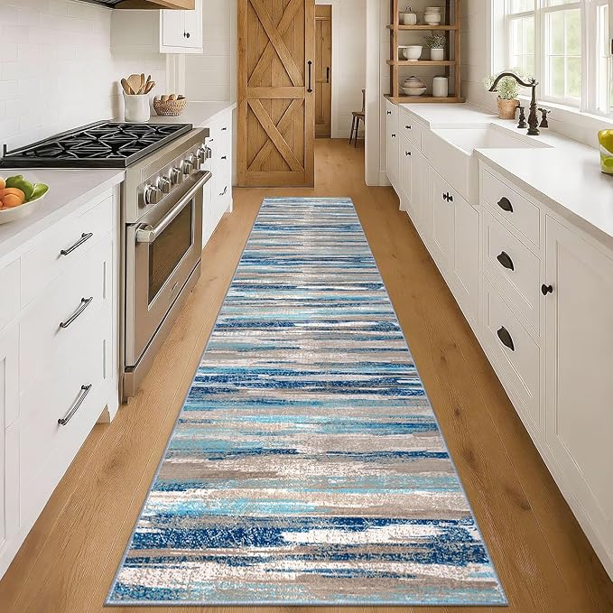 Lansny Modern Abstract Runner Rug 3x14, Blue Washable Long Kitchen Runner Non-Slip Soft Hallway Rug Runner Ultra Thin Print Faux Wool Carpet for Entryway Bedroom Laundry Room Indoor Home Decor
