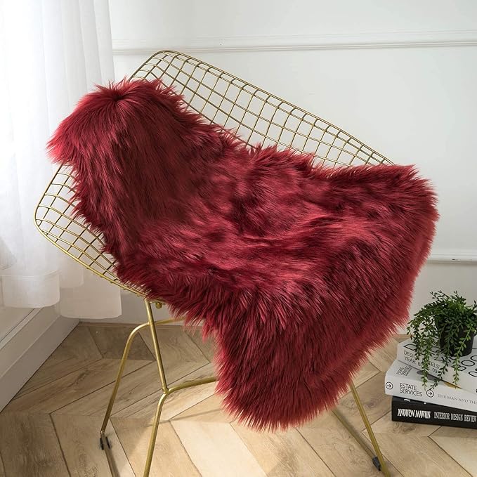 Ashler faux fur rug, Fluffy Shaggy Area Rug Ultra Soft 2 x 3 Feet Sheepskin Fur Rug, Deep Red Fuzzy Rug Machine Washable Shag Rug, Nursery Decor Throw Rugs for Bedroom, kids room, Living Room