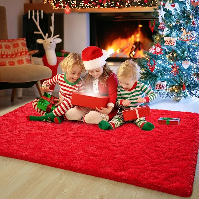 Chicrug Soft Area Rugs for Bedroom Living Room Plush Fluffy Rug 3x5 Feet, Shag Furry Area Rug Carpet Non Shedding for Nursery Children Kids Girls Room Home Decorative,Red