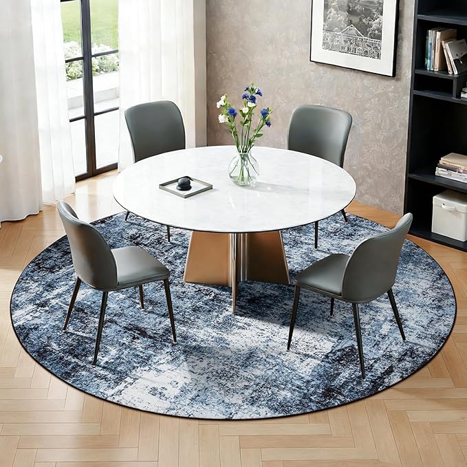 Rugflix Round Area Rugs 6Ft for Living Room, 6x6 Washable Rug Stain-Resistant Low Pile, Modern Dark Carpet for Dining Room Home Office Kid Room Nursery Bedroom, Navy Blue/Black
