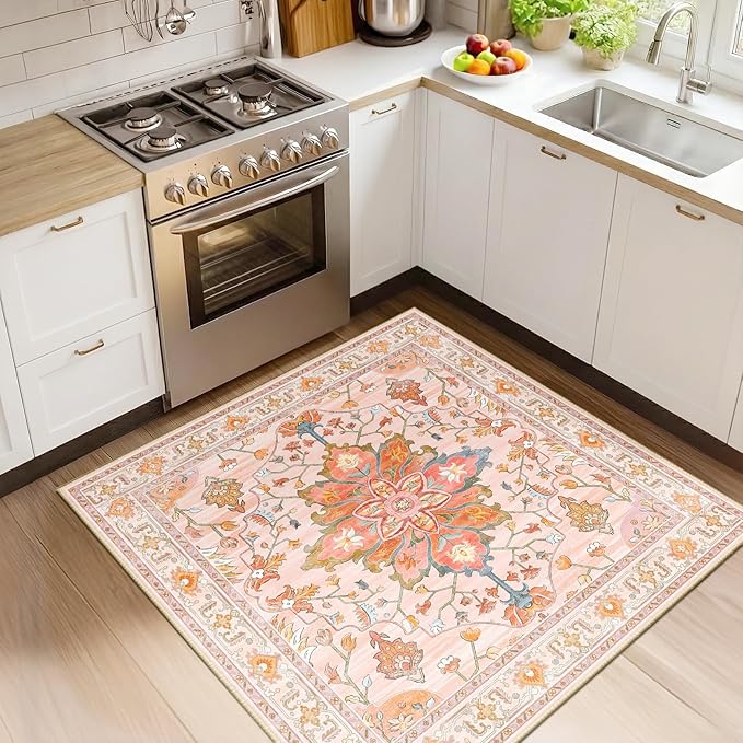 Area Rugs Square 4ft Washable Non-Slip, Floral Vintage Distress Print Pattern Medallion Carpet for Living Room Bedroom Dining Room, Light Pink Colorful