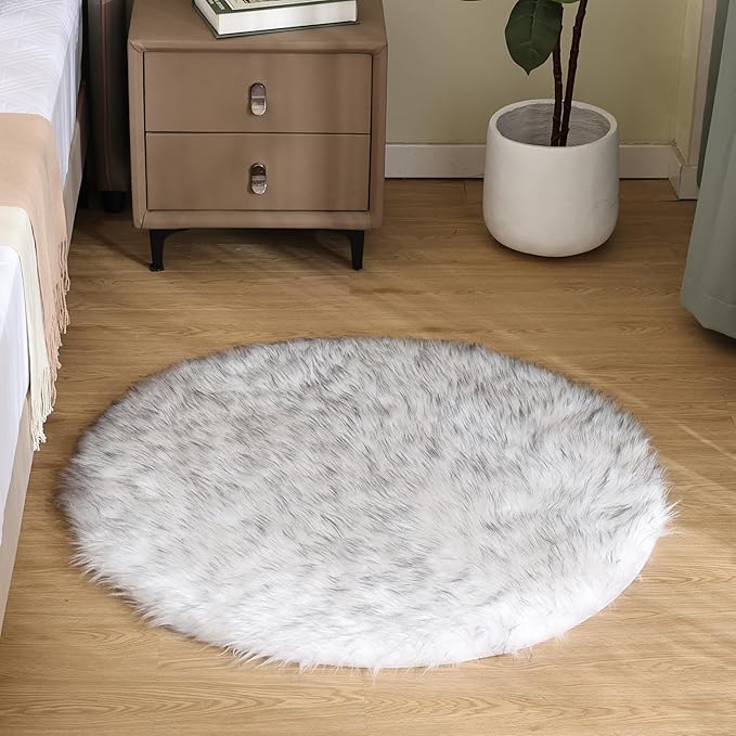 Goolela Round Fluffy Rug 3ft White with Grey Tips Circle Faux Sheepskin Fur Rug for Bedroom Living Room Fuzzy Furry Small Décor Washable