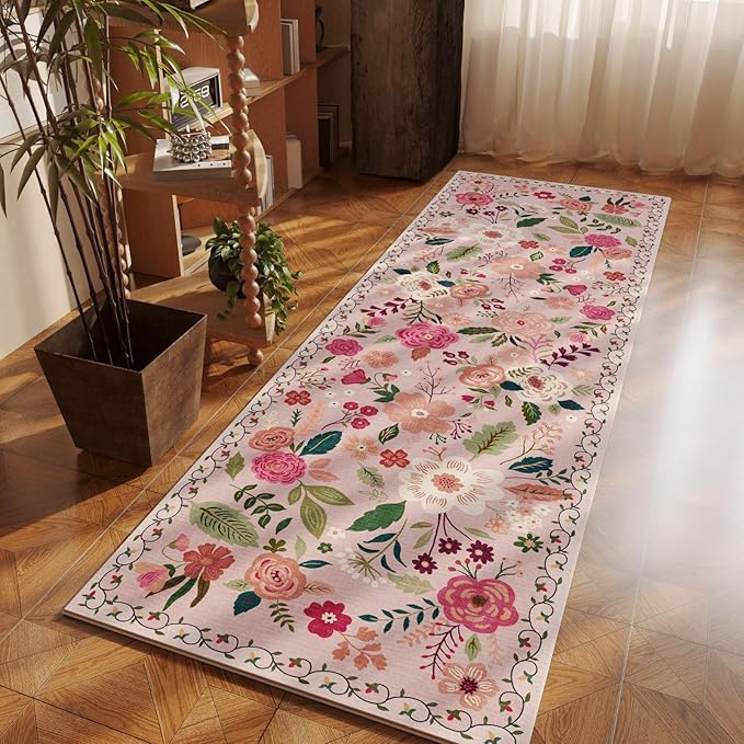 Rugcomf 2x5 Rug Runner - Floral Machine Washable Kitchen Rug, Non-Slip Low Pile Boho Carpet for Hallways, Laundry, Entryway, Bedroom, Bathroom - Pink