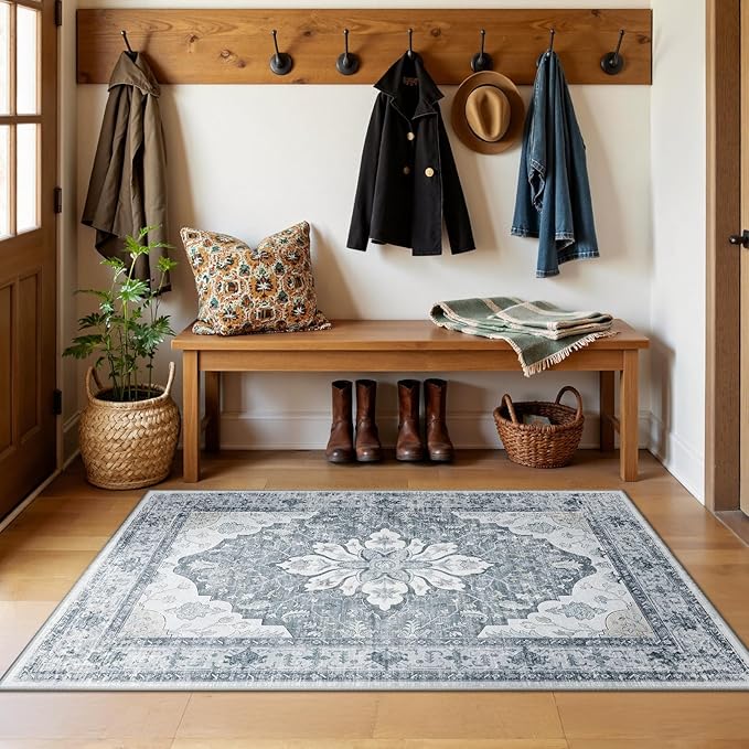 RELEANY Area Rugs 3'x5' Washable Non-Slip, Floral Vintage Distress Print Pattern Medallion Carpet for Living Room Bedroom Dining Room, Light Gray Grey White