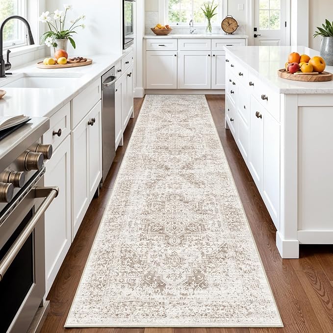 3x14 Washable Hallway Runner Rug - Non Slip Kitchen Runner Rugs with Rubber Backing Vintage Low-Pile Carpet Runners for Entryway Dining Room Laundry Room Home Decor (Cream/Camel)