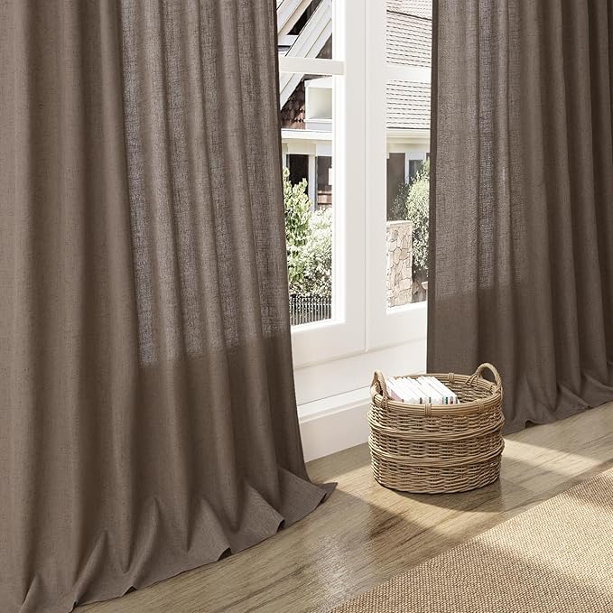 Light Brown Linen Curtains 120 Inch Extra Long for Living Room Back Tab Light Filtering Semi Sheer Drapes Modern Farmhouse Boho Decor Cotton Textured Curtain for Floor to Ceiling High Window 52x120