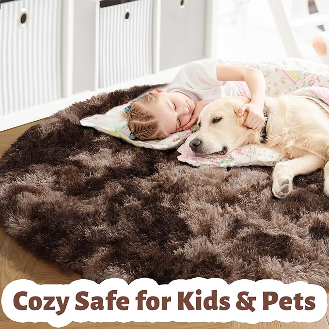 Amdrebio Tie-Dyed Brown Round Circle Rugs 5Ft for Bedroom, Fluffy Shag Plush Area Rugs for Kids Room, Living Room Decor Aesthetic, Fuzzy Fur Throw Floor Carpet for Playroom Preppy Dorm Baby Nursery