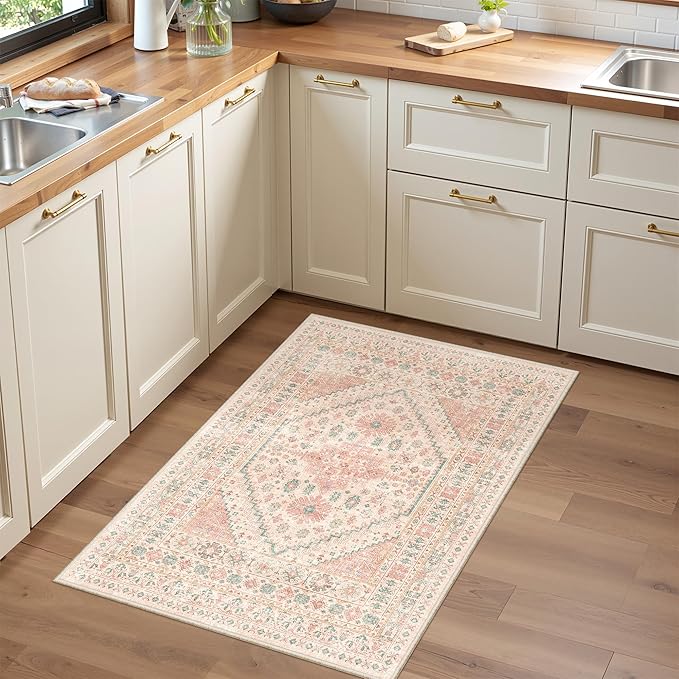 Entryway Rug - 2x3 Washable Rug Runner for Bathroom, Laundry Room, Kitchen, Soft Vintage Hallway Runner for Bedroom, Non-Slip Door Mat Indoor Entrance(Pink,2'x3')