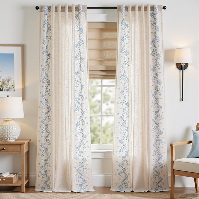 jinchan Evelyn Embroidered Linen Curtains for Living Room Farmhouse Floral Curtains for Bedroom Semi Sheer Light Filtering Window Drapes Rod Pocket Back Tab 2 Panels W50 x L96 Blue