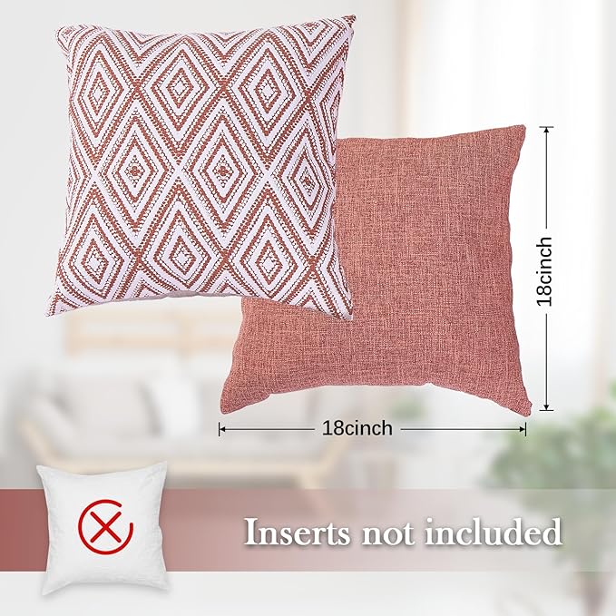 HPUK Decorative Throw Pillow Covers Set of 4 Geometric Design Linen Cushion Cover for Couch Sofa Living Room, 18"x18" inches, Coral