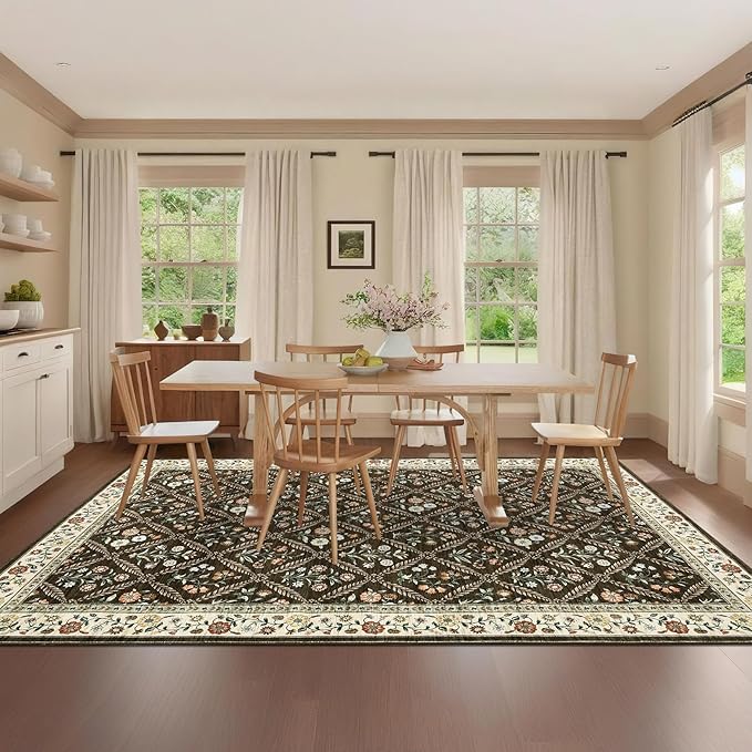 6x9 Machine Washable Area Rugs for Living Room Floral Stain Resistant Soft Carpet Vintage Low Pile Non Slip Non-Shedding Floor Carpet Rugs for Bedroom Nursery Brown