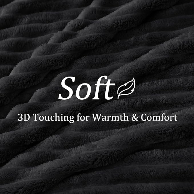 BEDELITE Fleece Black Throw Blanket for Couch - 300GSM Soft & Warm Fluffy Black Blanket, Decorative and Giftable Striped Blankets for Women, Men, 50"x60"