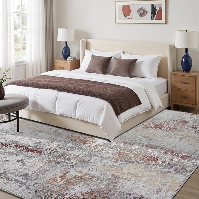 Toneed Abstract Area Rug Modern Washable Rug Soft Non Slip Rug Low Pile for Bedroom Living Room Dining Room Taupe Grey Brown 4x6 Feet