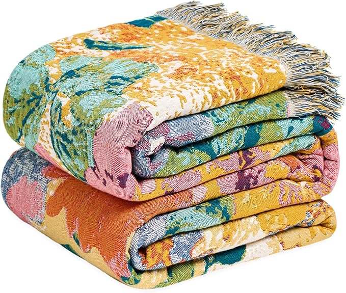 MSGKV Boho Throw Blanket for Bed 60"x80" Cotton Couch Blankets Floral Twin Size Spring Breathable Farmhouse Blankets All Seasons Lightweight Muslin