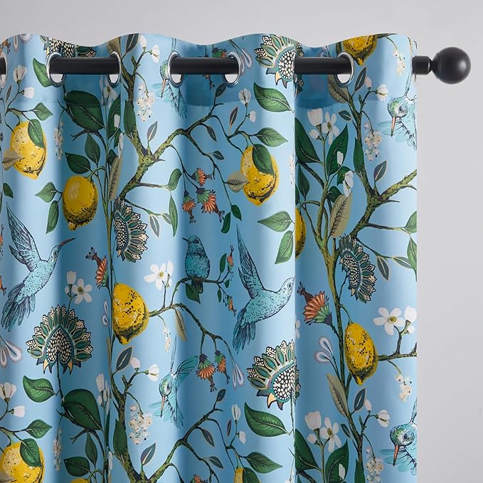 Topfinel Blue Patterned Curtains 2 Pages 96 Inches Long Blackout Heat Block Farmhouse Watercolor Floral Flower Hummingbird Printed Drapes Grommet Window Treatment for Living Room,96 Inch Length