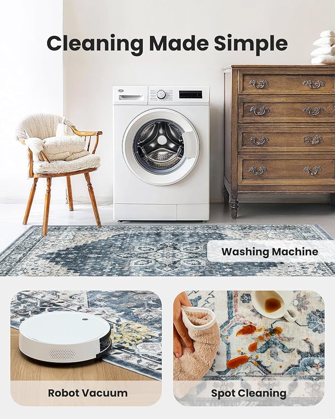 AMADA HOMEFURNISHING 8x10 Washable Area Rug, Low-Profile with Non-Slip Backing & Durable Edge Binding, Vintage Large Rugs for Living Room, Bedroom, Dining Room, Blue