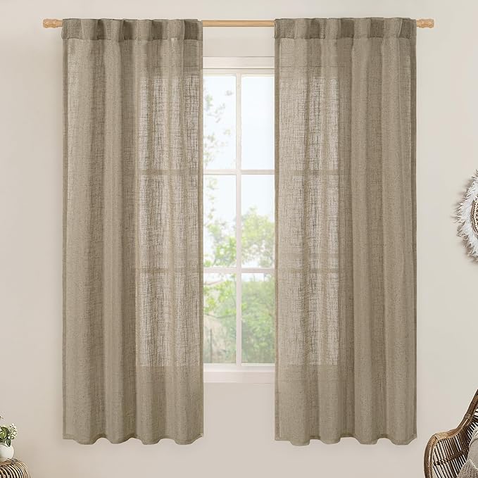 LAMIT Taupe Semi Sheer Window Linen Curtains 63 Inch Length, Light Filtering Panels Back Tab and Rod Pocket Country Decor Drapes for Bedroom/Living Room, 2 Panels, 34 x 63 Inch
