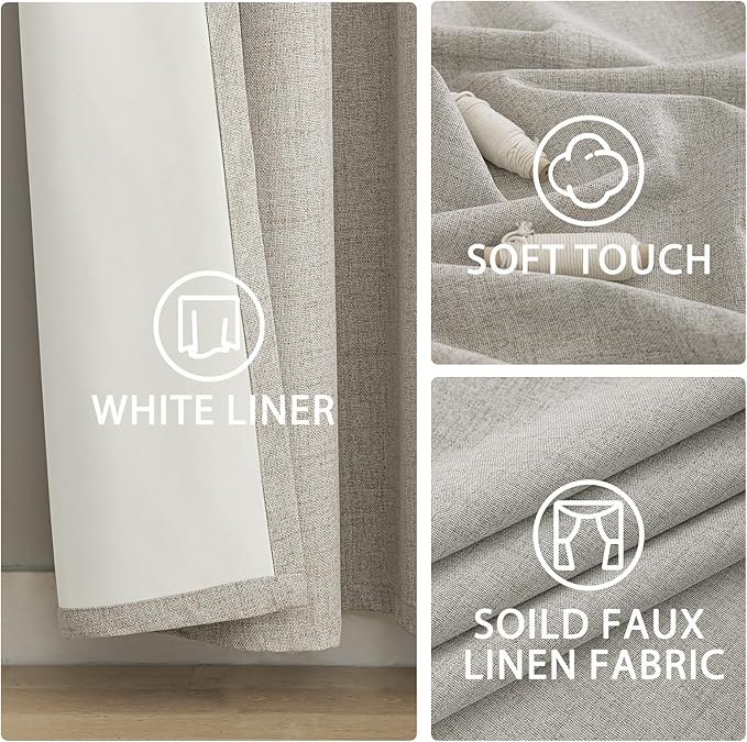 Yakamok Oatmeal Linen Curtains 100% Blackout 72 Inches Long,Room Darkening Textured Curtains for Living Room Thermal Grommet Bedroom Curtains 2 Panels with White Liner