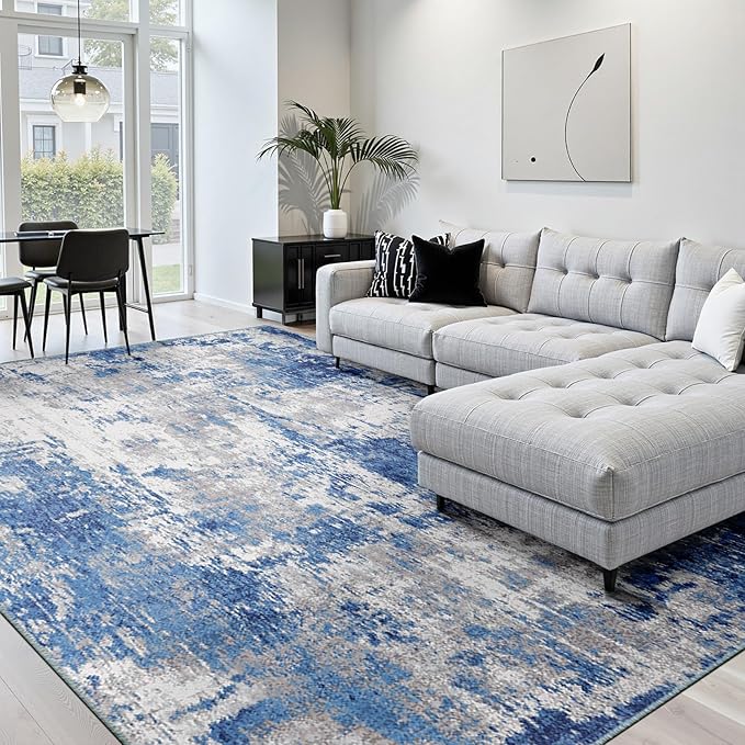 Washable Area Rugs 10'x14' Non-Slip Modern Abstract Soft for Living Room Entryway Bedroom Nursery, Print Pattern, Blue Grey Navy Gray