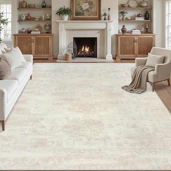 8x10 Area Rugs for Living Room: Vintage Boho Neutral Washable Rug Indoor Soft Large Area Rug Carpet for Bedroom Nursery Farmhouse Dining Room Office Floor Non-Slip Low Pile Under Table Rug Cream Beige