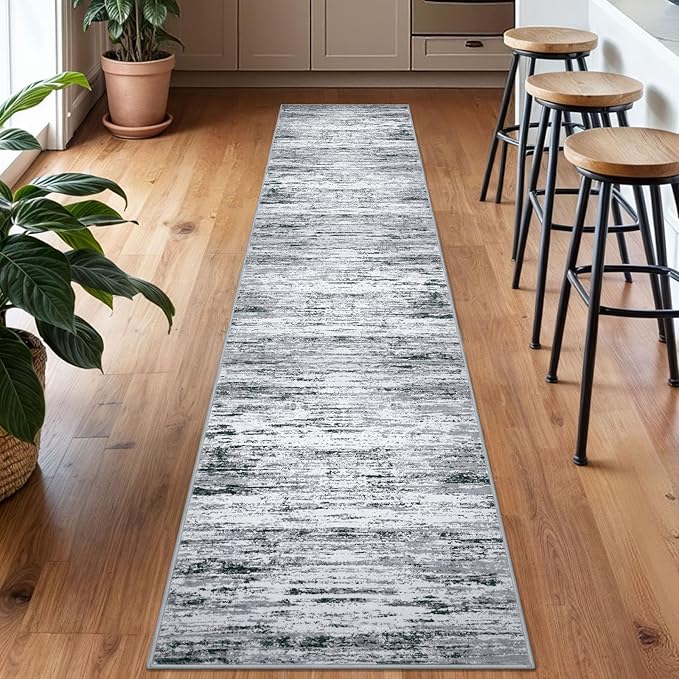Lansny Modern Abstract Runner Rug 2x10, Black Grey White Washable Long Kitchen Runner Non-Slip Soft Hallway Rug Runner Thin Print Faux Wool Carpet for Entryway Bedroom Laundry Room Indoor Home Decor