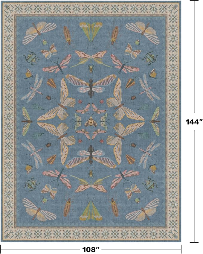 Hazo Haus Insect Light Blue Rug for Living Room - 9x12 Cute Rugs for Bedroom, Moth Floral Boho Design, Low Pile Stain Resistant Washable, Perfect for High Traffic Area