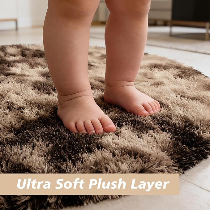 Fluffy Round Rug,Soft Area Rugs for Girls Room,Shaggy Rugs 6'X6' for Living Room,Non Slip Circle Rug for Kids Bedroom,Shag Plush Nursery Carpets,Fuzzy Rug for Dorm,Room Decor Carpet,Tie-Dyed Coffee