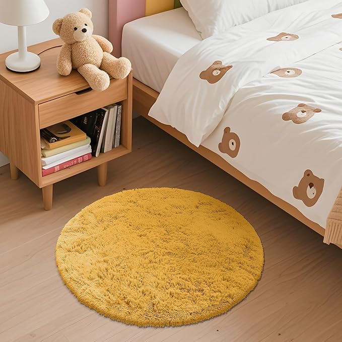 OLANLY Mustard Yellow Round Rugs for Bedroom - Machine Washable, 2 ft Circle Area Rugs for Living Room, Soft and Fluffy Shaggy Carpet for Teen Girl and Boys, Nursery Rooms, Dorms, Home Decor Aesthetic