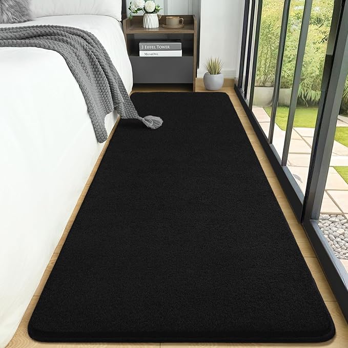 AROGAN 2x8 Feet Shag Runner Rug for Hallways, Washable Rugs with Memory Foam for Bedroom, Entryway Indoor Fluffy Throw Rug for Bedside Living Room Kids Girls Nursery Dorm Room Decor, Black