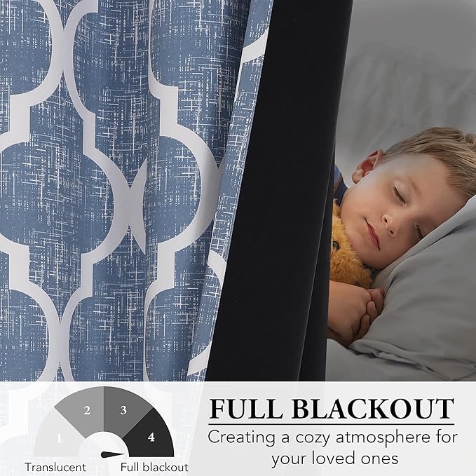 Beauoop 100% Blackout Curtains 108 Inches Long 2 Panels for Bedroom Living Room Blue Moroccan Geo Room Darkening Thermal Insulated Soundproof Grommet Top Window Treatments Drapes, 50x108 Set of 2