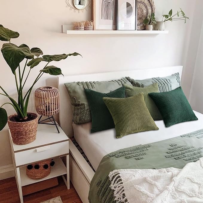 Topfinel Christmas Decorative Throw Pillow Covers Green Series,Winter Fluffy Corduroy Striped Euro Pillows Shams for Couch Bed Bedroom,Western Modern Hunter Green Pillowcase 24x24 Inch Set of 4