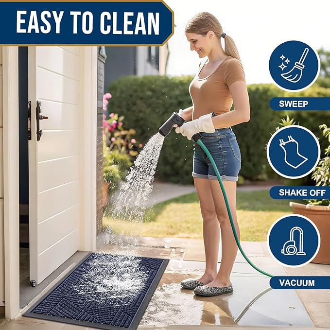Smiry Front Door Mat Outside Entrance, Heavy Duty Sturdy Natural Rubber Doormat, Trap Dirt and Moisture, Easy Clean Low Profile Mats for Indoor Outdoor Entry, Irregular Triangle (59x20, Navy Blue)
