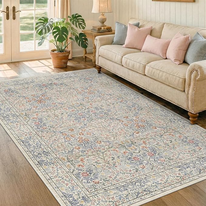 Washable Beige Blue 5x8 Area Rug for Large Entryway, Living Room, Kids Room, Boy Nursery Room, Bedroom Rug - Vintage Oriental Low Pile Non Slip & Stain Resistance (5x8 Beige Blue)