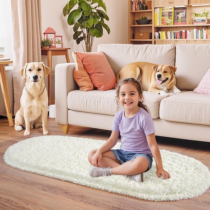 Pionblank Fluffy Oval Rug for Bedroom 2.6x5.3, Shag Throw Rugs for Bedside, Ultra Soft Cute Plush Carpet for Girls Boys Room Living Room Nursery Dorm Home Decor, Cream White