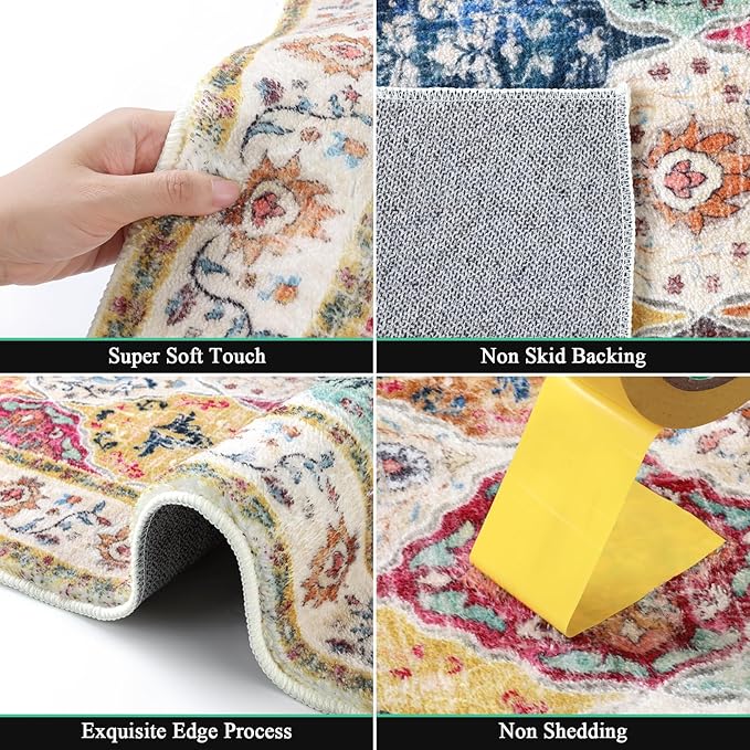 HEBE Washable Area Rug - 3'x5' Non Slip Soft Distressed Medallion Bedroom & Living Room Accent Throw Vintage Entry Floor Carpet for Dining Room & Bathroom Entryway