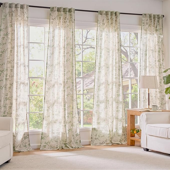 Lazzzy Green Floral Linen Curtains 90 Inch Farmhouse Back Tab Drapes for Living Room Bedroom Light Filtering Vintage Grandmillennial Rod Pocket Curtains, 2 Panels, W38 x L90, Green on Beige