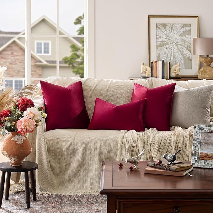 GIGIZAZA Burgundy Pillow Covers 22x22: Pack of 2 Throw Pillows Soft Solid Covers - Velvet Decorative Couch Big Cushion Covers Used for Chrismas Room Decor,Living Room,Bedroom,Sofa