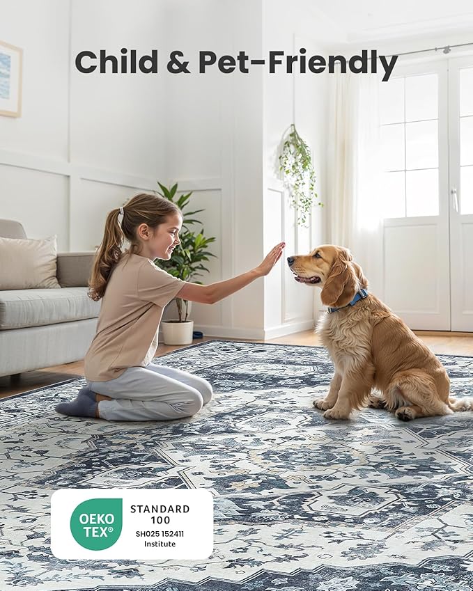 AMADA HOMEFURNISHING 8x10 Area Rug, Washable Low-Profile Large Area Rug with Non-Slip Backing & Durable Edge Binding, Vintage Large Rugs for Living Room, Bedroom