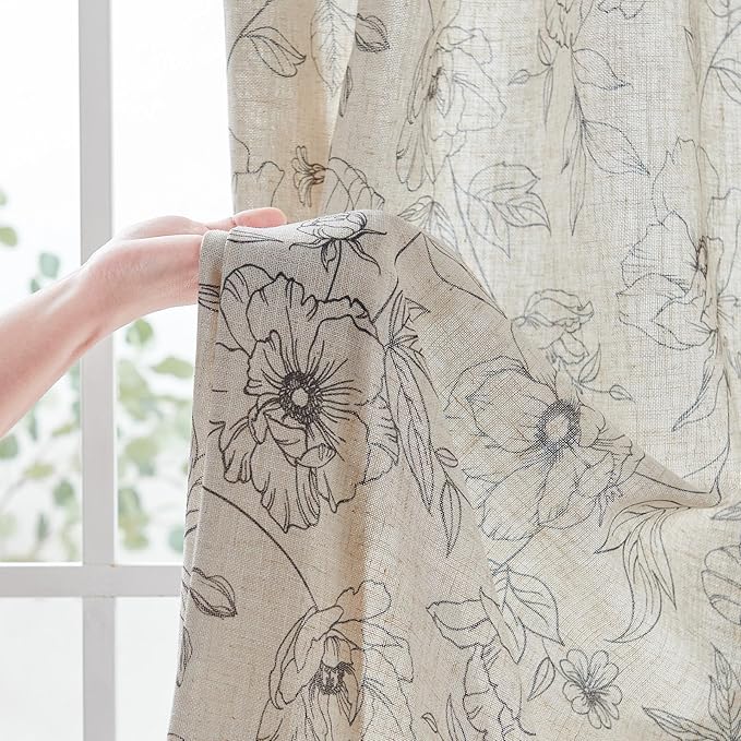 jinchan Linen Floral Curtains for Living Room 84 Inch Length Grey Flower Curtain Rod Pocket Back Tab Farmhouse Curtains with Printed Floral Bedroom Window Curtain Set, 2 Panels Gray