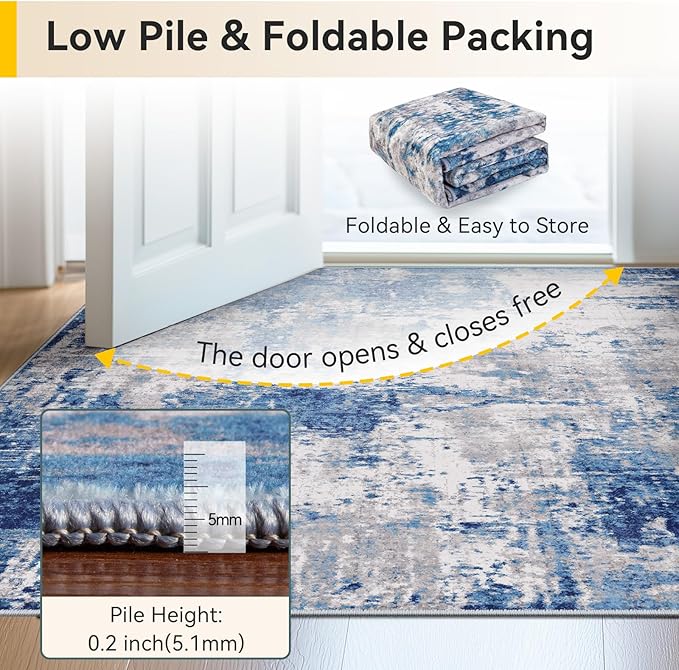 Washable Area Rugs 3x4 Non-Slip Modern Abstract Soft for Living Room Entryway Bedroom Nursery, Print Pattern, Blue Grey Navy Gray