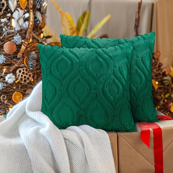 decorUhome Throw Pillow Covers 12x20 Inch Set of 2, Soft Plush Faux Wool Green Solid Couch Pillow Covers, Accent Farmhouse Neutral Rectangle Pillow Cases for Sofa Bed Living Room