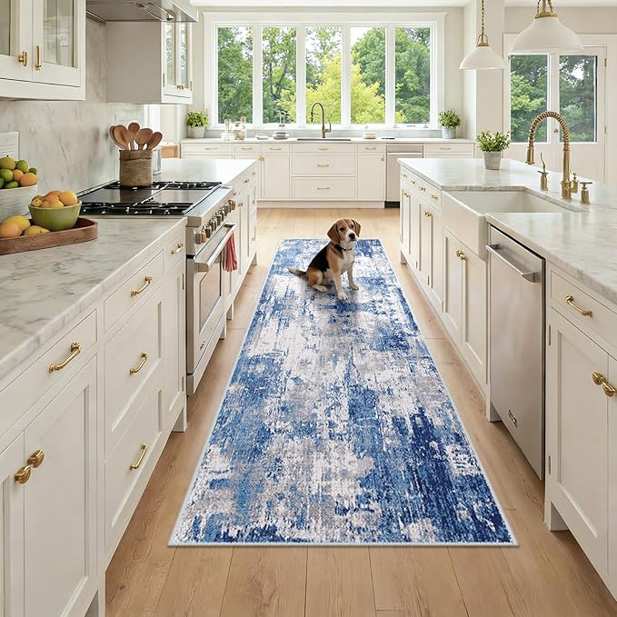 Washable Area Rugs 2'6''x8 Non-Slip Modern Abstract Soft for Living Room Entryway Bedroom Nursery, Print Pattern, Blue Grey Navy Gray