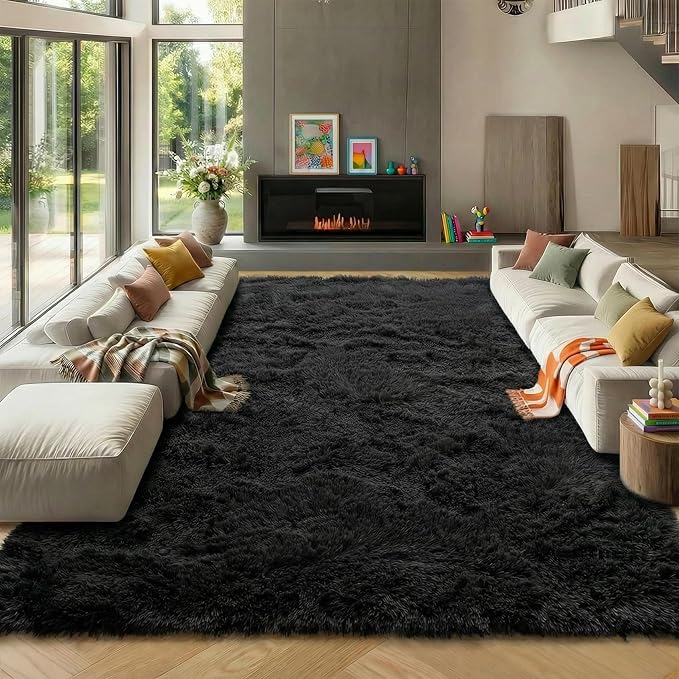 ONASAR Black 8x10 Area Rugs for Living Room, Large Fluffy Shag Bedroom Rug, Ultra Soft Thick Shaggy Floor Big Indoor Carpets for Kids Boys Girls Teen Nursery Dorm Modern Home Decor Aesthetic