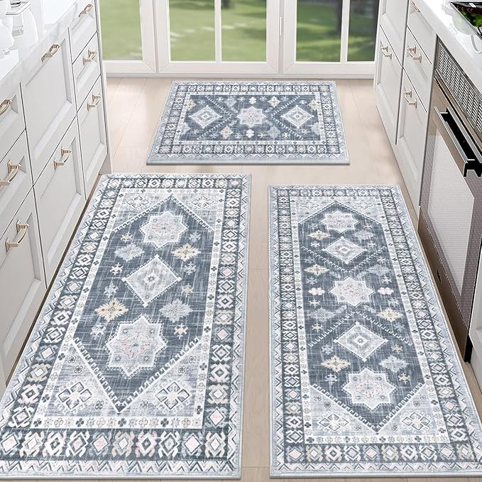 HEBE Boho Kitchen Rug Sets 3 Piece with Runner Non Slip Kitchen Rugs and Mats Washable Kitchen Mats for Floor Thick Kitchen Floor Mat Carpet Runner Rugs for Hallway Laundry Holiday Decor