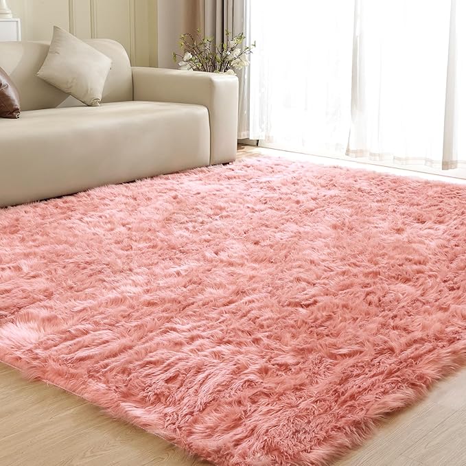 ORINOVA Shag Area Rugs 9x12 Rugs for Living Room Pink Washable Fluffy Sheepskin Fur Rugs for Bedroom Nursery Fuzzy Rug