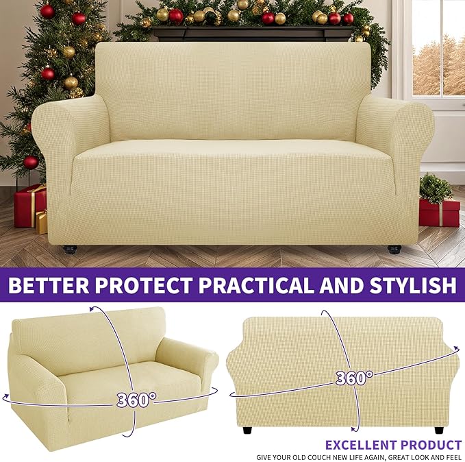 ZNSAYOTX Super Stretch Couch Cover Love Seat Sofa Covers for Living Room Dogs Pet Friendly Furniture Protector Spandex Loveseat Slipcovers with Anti Slip Foam Sticks (Beige, Medium)