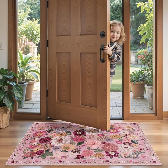 2x5 Entryway Runner Rugs, Non Slip Washable Rugs with Rubber Backing Soft Floral Carpet Runner for Kitchen, Laundry, Bedroom, Bathroom(2 x 5, Pink Garden)