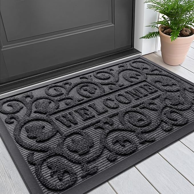 Smiry Welcome Door Mat Outside Entrance, Heavy Duty Trap Dirt and Moisture Easy Clean Low Profile Patio Porch Indoor Outdoor Front Doormat for Entry, 29.5x17 Inch, Grey